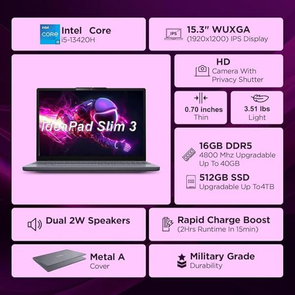ENOVO IdeaPad Slim 3 Home Business AI COPILOT, Intel 8-Core i5-13420H (Beat i7-1355U), 16GB DDR5 RAM, 512GB PCIe SSD, 15" FHD+, WiFi 6, Luna Grey, Windows 11 Pro