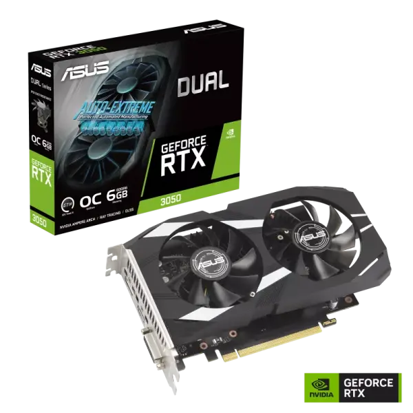 ASUS Dual GeForce RTX 3050 6GB GDDR6 OC Edition Graphics Card, 96-bit Memory, 2304 CUDA Core, 14 Gbps Memory Speed | 90YV0K60-M0NA00