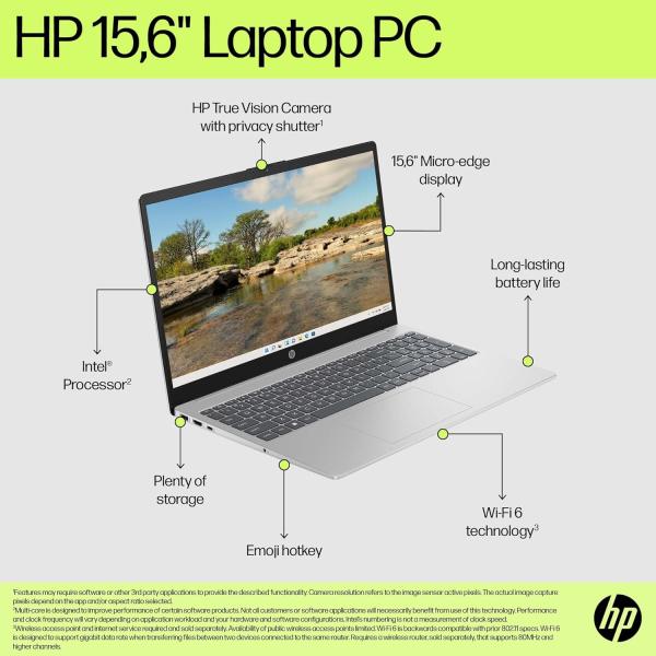 HP Laptop 15-fd1020ne, 15.6" FHD Display, Intel® Core™ Ultra 5-125H, 16GB DDR5 RAM, 512GB SSD, Intel® AI Boost (11 NPU TOPS), Eng/Arb Kb, Windows 11 Home, Natural silver [B91BTEA]